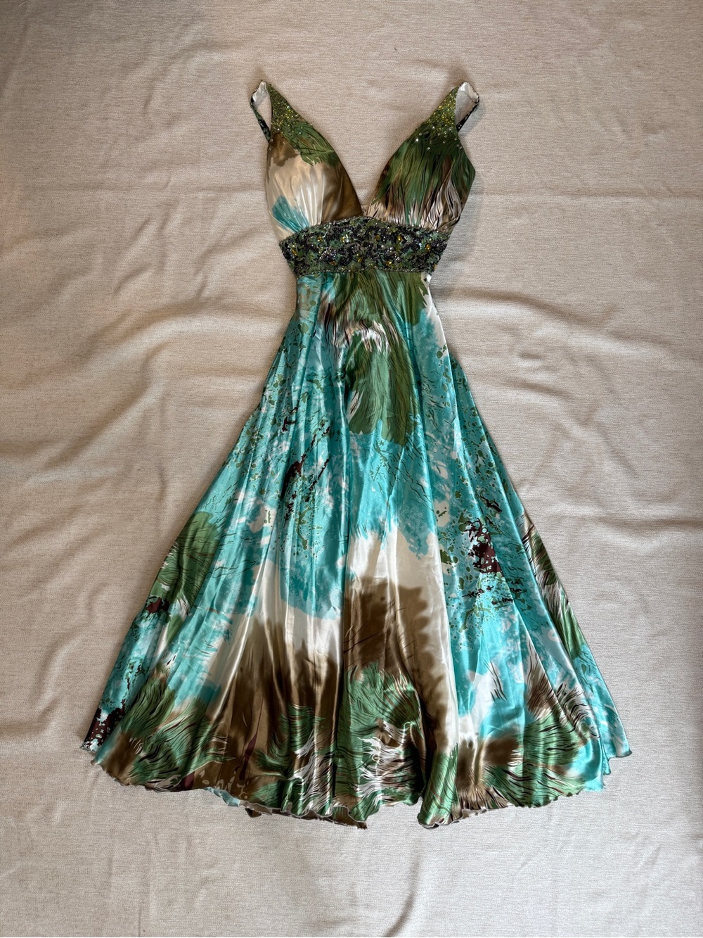 Beaded V-Neck Prom Gown in Teal and Olive